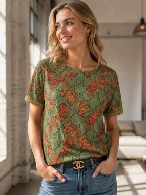 Printed Olive Green Short Sleeve Blouse with Carriage Motif
